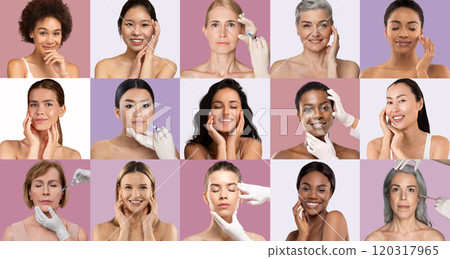 A group of diverse women engages in skincare routines, highlighting various techniques and products in a beauty workshop. Each participant showcases unique beauty expressions and practices. 120317965