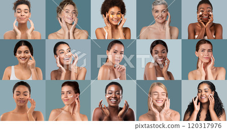 A variety of women of different ages express joy while demonstrating their skincare routines. Each woman is engaging with her skin, creating an atmosphere of self-care and wellness. A variety of women of different ages express joy while demonstrating their skincare routines. Each woman is engaging with her skin, creating an atmosphere of self-care and wellness. 120317976