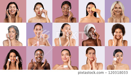 Women of various backgrounds display their skincare routines with smiles. Each participates in a self-care moment, highlighting the joy of maintaining healthy skin at home. 120318033