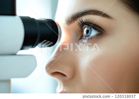 Ophthalmologist examining patient's eye with modern equipment in clinic Ophthalmologist examining patient's eye with modern equipment in clinic 120318037