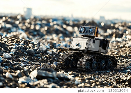 Small robot exploring a landfill site for recycling materials 120318054