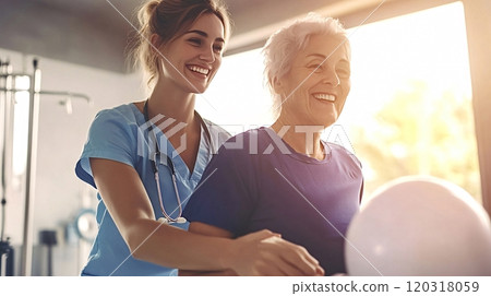 Doctor assisting elderly woman with physiotherapy exercises using stability ball 120318059