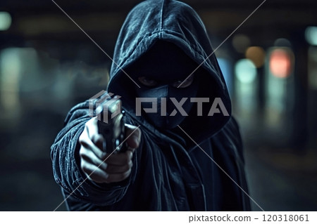 Masked criminal pointing gun in dark urban setting 120318061