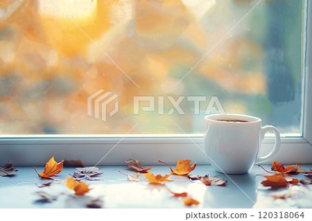 Steaming cup of coffee resting on window ledge with autumn leaves 120318064