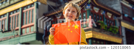 Enjoying vacation in China. Young boy with national chinese flag on the background of the old Chinese street. Travel to China concept. Visa free transit 72 hours, 144 hours in China BANNER, LONG 120318065