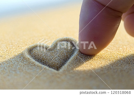 Finger drawing heart shape on sand beach summer vacation love 120318068