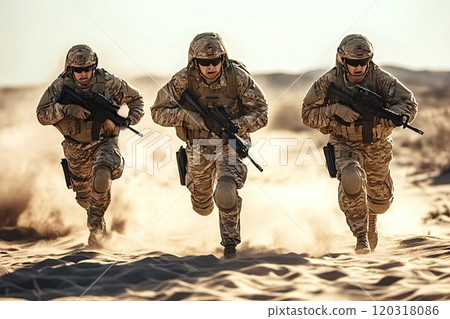 Squad of armed soldiers running on desert battlefield during military operation 120318086