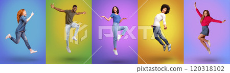 Full length of joyful millennial international people jumping together, smiling at camera over bright neon studio backgrounds, panorama. Young guys and ladies celebrating success and having fun Full length of joyful millennial international people jumping together, smiling at camera over bright neon studio backgrounds, panorama. Young guys and ladies celebrating success and having fun 120318102