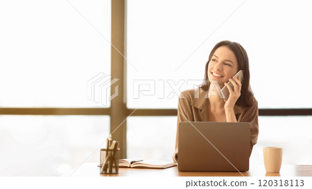 Informal Call. Excited secretary talking on mobile phone during coffee break sitting at office, copyspace, panorama 120318113