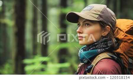 A young woman pauses in her hike, gazing thoughtfully into the forest, surrounded by vibrant greenery and tall trees. 120318154