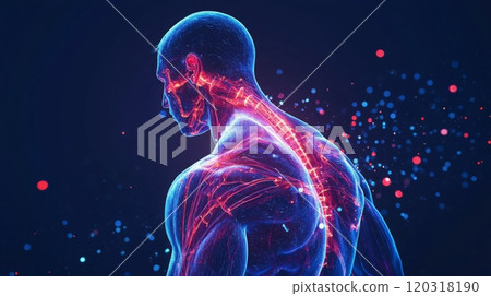 A vibrant, neon depiction of a human body highlights the spine and nervous system against a deep blue background, accented by subtle, floating particles. 120318190