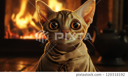 A small cat with large, expressive eyes sits wearing a hooded cloak, intently observing the flickering flames of a fireplace 120318192