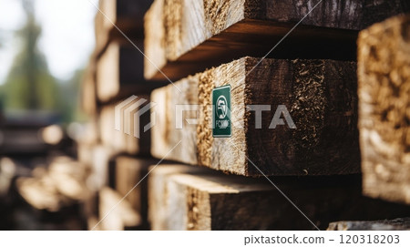 Stacked timber logs are arranged neatly in a forested area, showcasing their texture and grain as they await processing. 120318203