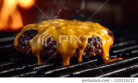 A sizzling hamburger patty sits on a grill, topped with melted cheddar cheese, as smoke rises in the background. 120318217