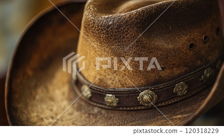 A close-up showcases a worn cowboy hat with a leather band adorned with metal accents, highlighting its rustic character. A close-up showcases a worn cowboy hat with a leather band adorned with metal accents, highlighting its rustic character. 120318229