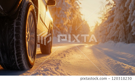 A car is parked on a snow-covered road bathed in the warm glow of a setting sun. Surrounding trees are dusted with snow, creating a tranquil winter atmosphere. 120318230