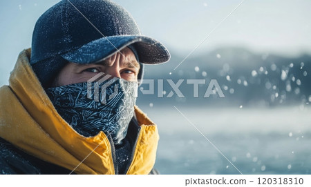 A man is bundled in a yellow jacket and black cap, with a patterned scarf covering his face, as snow falls in a cold winter setting. A man is bundled in a yellow jacket and black cap, with a patterned scarf covering his face, as snow falls in a cold winter setting. 120318310