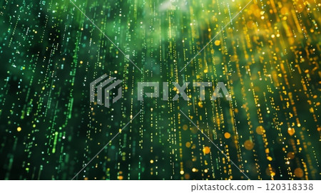 Abstract green and gold particles fall like rain. 120318338