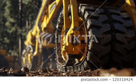 A close-up view of heavy machinery tracks resting on forest floor, surrounded by tall trees, capturing the ruggedness of the equipment. 120318424