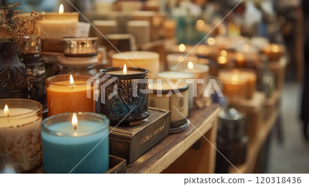 A vibrant array of candles in various shapes and colors is arranged on a wooden table, creating a warm and inviting atmosphere. 120318436