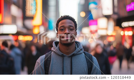A young black man smiles warmly while standing amidst a crowded city street filled with bright neon lights at dusk. The atmosphere is lively, capturing the essence of urban life and excitement. 120318449