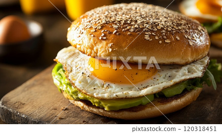 A breakfast sandwich featuring a fried egg and fresh avocado on an oat-topped bun, garnished with leafy greens, against a rustic wooden backdrop. 120318451