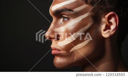A man with dark hair and skin has white foundation stripes painted across his face in a profile view. A man with dark hair and skin has white foundation stripes painted across his face in a profile view. 120318503
