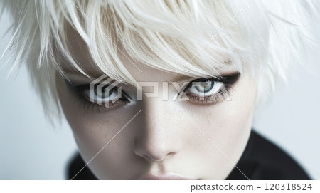 The close-up view highlights a person's captivating features, including intense gray eyes and short, tousled white hair, showcasing an edgy and modern look against a soft background. The close-up view highlights a person's captivating features, including intense gray eyes and short, tousled white hair, showcasing an edgy and modern look against a soft background. 120318524