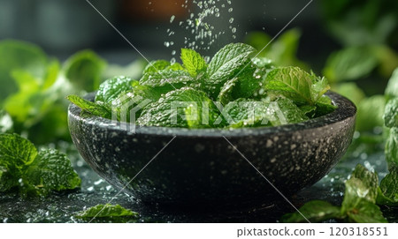 Sprigs of fresh mint are being rinsed in a dark stone bowl as droplets of water create a refreshing mist, enhancing the vibrant green leaves. 120318551