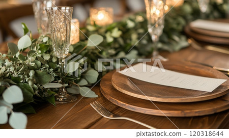 A beautifully arranged table featuring wooden plates, glassware, and eucalyptus greenery, illuminated by soft candlelight, perfect for a romantic dining experience. 120318644