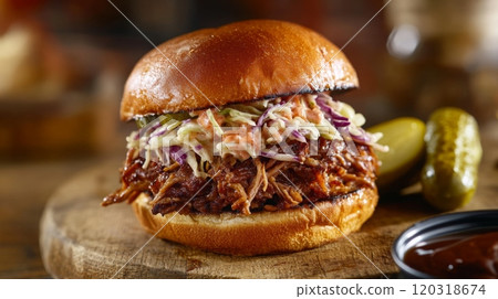 A hearty pulled pork sandwich, topped with vibrant coleslaw, served with pickles and a side of barbecue sauce on a wooden board. A hearty pulled pork sandwich, topped with vibrant coleslaw, served with pickles and a side of barbecue sauce on a wooden board. 120318674