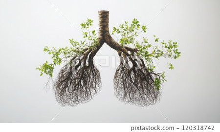 This artwork shows lungs made of intertwined roots and branches, symbolizing the link between human health and nature, and highlighting life interplay with the environment. 120318742
