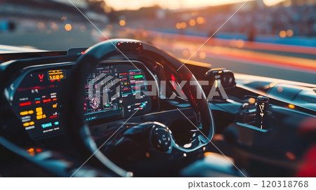 The cockpit of a racing car features a high-tech dashboard, illuminated by colorful lights, capturing the excitement of competition as the sun sets in the background. 120318768