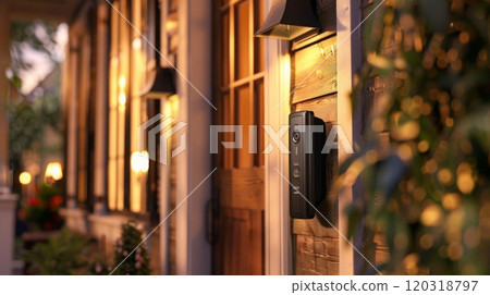 A modern smart doorbell mounted on a wooden wall beside a window, illuminated by the warm evening light. 120318797
