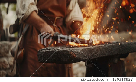 A blacksmith shapes hot metal on an anvil, sparks flying in the air, showcasing traditional craftsmanship in a rustic environment. 120318928