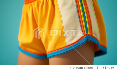 A close-up view of colorful athletic shorts features orange fabric with blue and multi-colored stripes on the sides. The bright blue background enhances the playful vibe of the outfit. 120318936