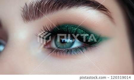 A woman showcases her captivating green eye makeup, highlighted with glittery eyeshadow and voluminous lashes. The focus is on the intricate details, reflecting elegance and style. A woman showcases her captivating green eye makeup, highlighted with glittery eyeshadow and voluminous lashes. The focus is on the intricate details, reflecting elegance and style. 120319014