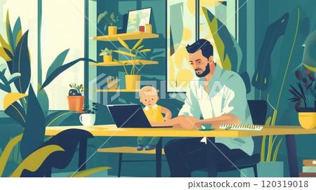 A man is seated at a table with a baby on his lap, engaging with the child in a nurturing manner. A man is seated at a table with a baby on his lap, engaging with the child in a nurturing manner. 120319018