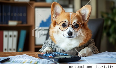 A dog wearing glasses sits at a desk, intently focused on a calculator among scattered papers, suggesting a serious work atmosphere. The dog is dressed in a smart outfit, adding charm. 120319116