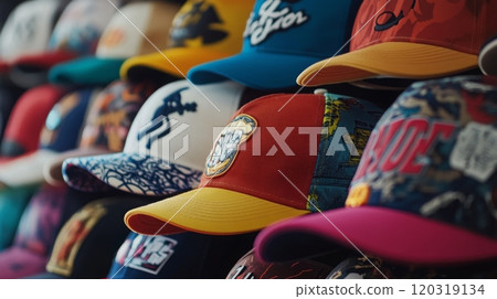 A variety of vibrant caps are neatly arranged on shelves, showcasing different colors, patterns, and designs in a stylish retail setting. 120319134