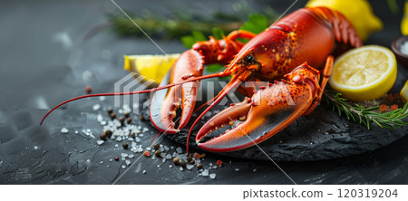 A vibrant lobster is arranged on a slate board with lemon slices, surrounded by fresh herbs and colorful spices. A vibrant lobster is arranged on a slate board with lemon slices, surrounded by fresh herbs and colorful spices. 120319204