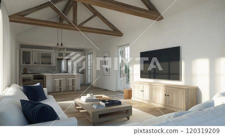 Sunlight fills this spacious living area featuring a comfortable seating arrangement, wooden beams, and a stylish open kitchen Sunlight fills this spacious living area featuring a comfortable seating arrangement, wooden beams, and a stylish open kitchen 120319209