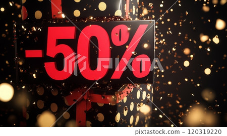 A red 50 percent sign is shown in front of black gift boxes with gold polka dots. Gold confetti falls from the top of the image. 120319220