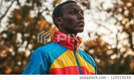 A young man is standing outdoors in an eye-catching jacket. The vibrant colors of his jacket contrast with the warm tones of autumn leaves as the sun begins to set in the background. 120319248