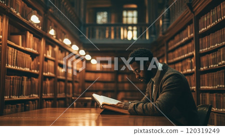 A man is deeply focused on reading a large book at a wooden table in a grand library. The warm lighting and towering shelves enhance the atmosphere of diligent study in the early evening. 120319249