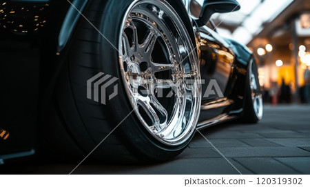 A custom car wheel with a polished finish is prominently displayed at a lively car show in the evening, showcasing its intricate design and gleaming surface. 120319302