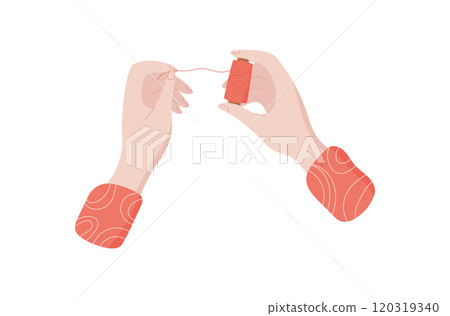 Hands hold bobbin, flat tailor accessories element, vector embroidery decoration illustration, cartoon sewing supplies object, doodle dressmaking tool design, 120319340
