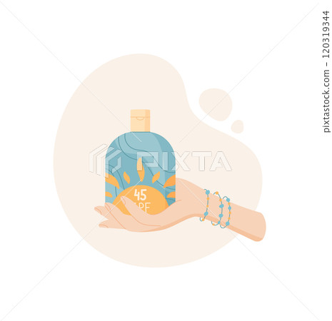 Hand holds sunblock lotion product, creative solar protection oil pack, flat sunblock lotion product, vector uv block moisturizer container, cartoon sunscreen spray tube, Hand holds sunblock lotion product, creative solar protection oil pack, flat sunblock lotion product, vector uv block moisturizer container, cartoon sunscreen spray tube, 120319344