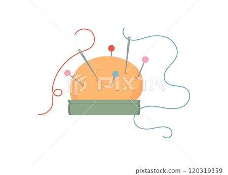 Sewing pincushion, vector tailor decoration element, flat sewing craft supplies design, cartoon fashion tool object, hand drawn embroidery accessories illustration, Sewing pincushion, vector tailor decoration element, flat sewing craft supplies design, cartoon fashion tool object, hand drawn embroidery accessories illustration, 120319359