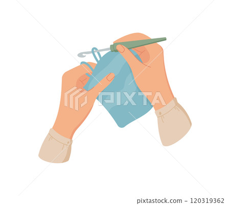 Hands knitting icon, vector crochet tool illustration, doodle knitting craft accessories element, flat dressmaking supplies design, cartoon fashion decoration object, 120319362